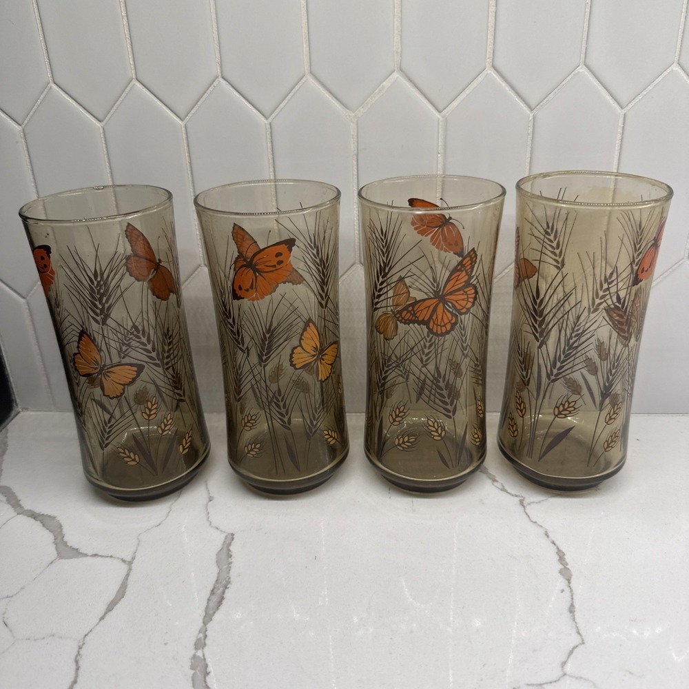 VINTAGE Libbey Amber Monarch Butterfly & Wheat Tumbler Glasses Set of 4